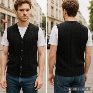 Kallspin Wool Black Button-Front Cable Knit Slim Sweater Vest Size M